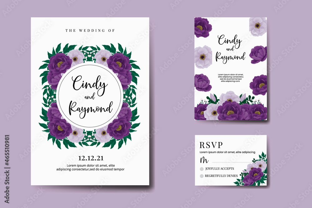 Modern Wedding invitation frame set, floral watercolor Digital hand drawn Purple Peony Flower design Invitation Card Template