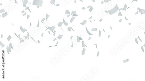 Many papers floating in air on white background. Business and education concept.  White confetti. 3D loop animation.