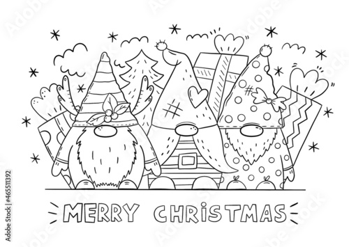 Christmas gnomes coloring book page. Merry Christmas coloring card for kids. photo