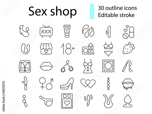 Sex shop outline icons set. Erotic goods. Sexual accessory. Editable stroke. Isolated vector illustration
