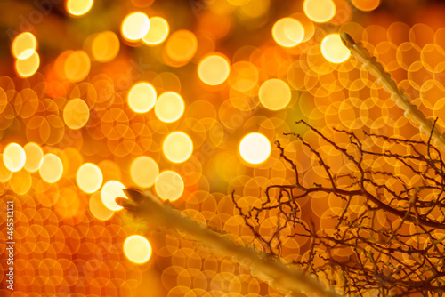 bokeh of Beautiful handmade lantern lamp made from (Strychnos nux-blanda A.W. Hill), fruits. On the trees at night of a traditional Thai festival celebrates. Event for The End of Buddh photo