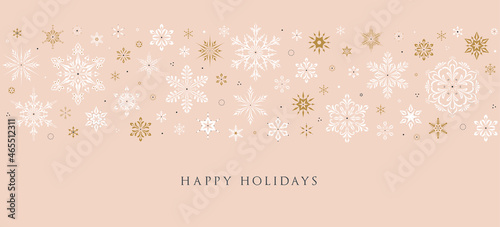 Horizontal Christmas, Holiday border with snowflakes and greetings. Merry xmas snowflake header or banner. Universal modern line art background. Wallpaper or backdrop decor.