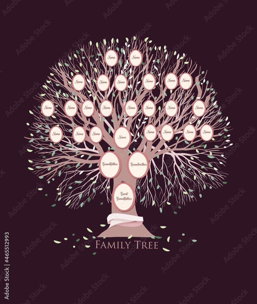 Family tree, pedigree or ancestry chart template with branches, leaves