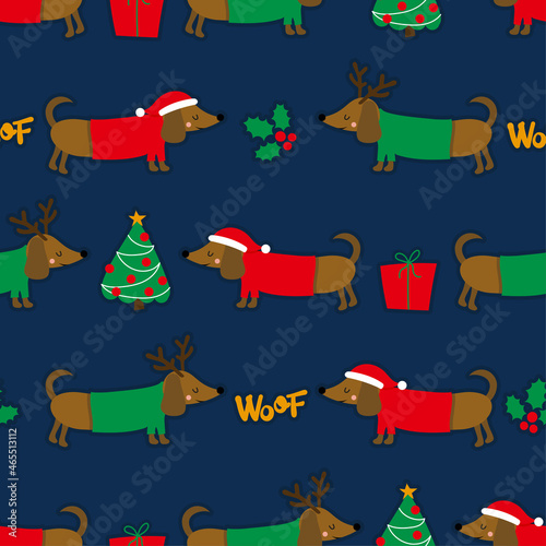 Cute christmas dachshund pattern - Adorable sausage dog characters. Hand drawn doodle set for kids. Good for textiles, nursery, wallpaper, clothes. Woof words. Christmas gift wrapping paper.