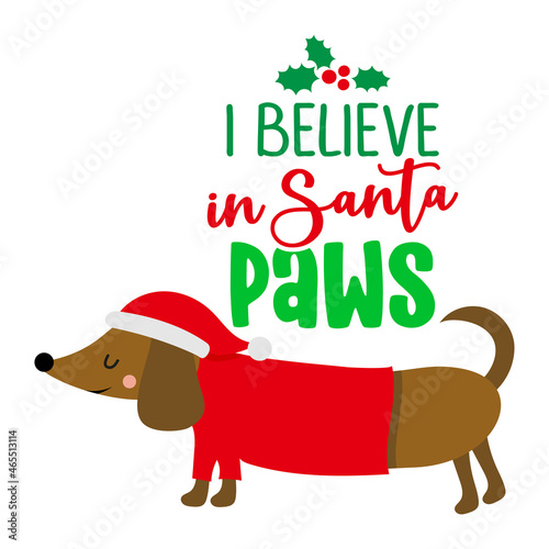 I believe in Santa paws (Santa Claus) - Calligraphy phrase for Christmas. Hand drawn lettering for Xmas greeting cards, invitation. Good for t-shirt, mug, gift, printing press. Adorable dachshund dog.