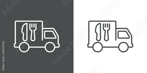 Food truck. Comida rápida. Logotipo con silueta de vehículo con tenedor y cuchillo con lineas en fondo gris y fondo blanco