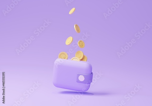 3D money holding wallet purple, coin, banknote on isolate purple background, online payment and payment concept. 3d holding wallet render for business, bank, finance, investment, money saving,