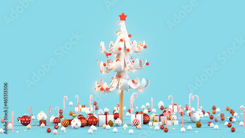 Winter holidays composition with christmas tree 3D render