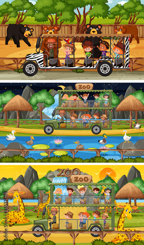 Set of different safari horizontal scenes with animals and kids cartoon character