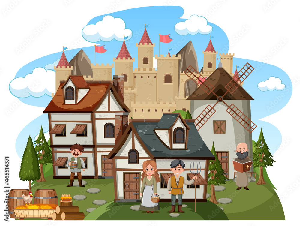 Medieval village with villagers on white background Medieval village with villagers on white background