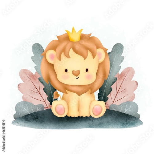 Watercolor cute baby lion and plants