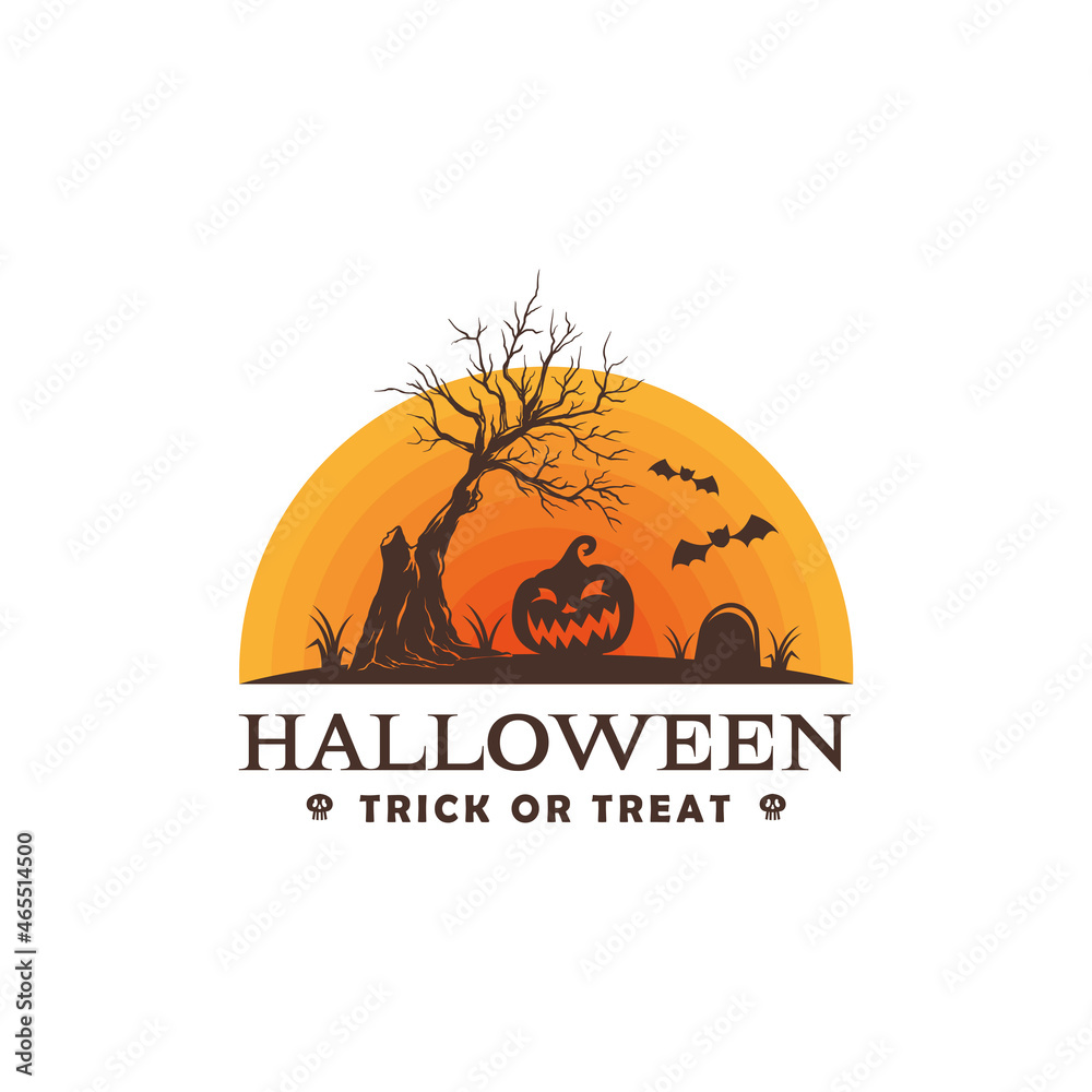 halloween trick or treat with silhouettes of dried trees and pumpkins that are spooky logo design template