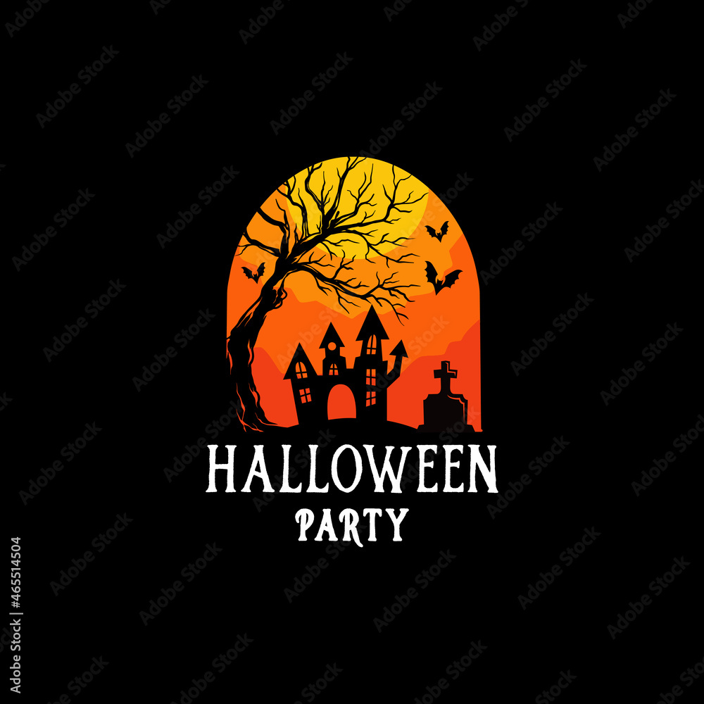 house and dry tree halloween spooky logo design template