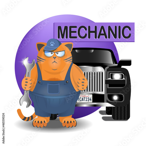 Cartoon fat serious red cat mechanic in a cap and overalls with a wrench on the background of a black big car. Funny icon
