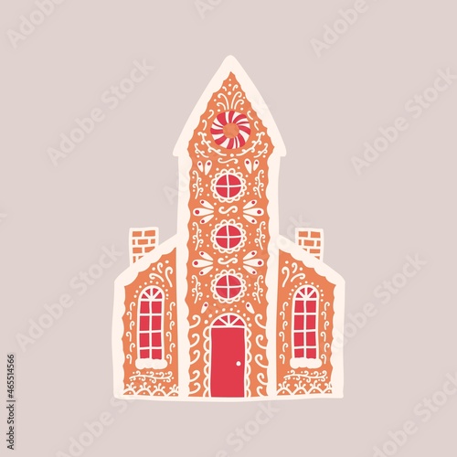 Delicious gingerbread house isolated on light background. Aromatic pastry shaped like living building or church with tower and decorated with sugar icing. Vector illustration in flat cartoon style