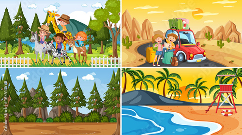 Set of different nature scenes cartoon style