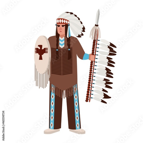 American Indian man wearing war bonnet and traditional clothes and holding spear and shield. Native peoples of America. Male cartoon character isolated on white background. Vector illustration.