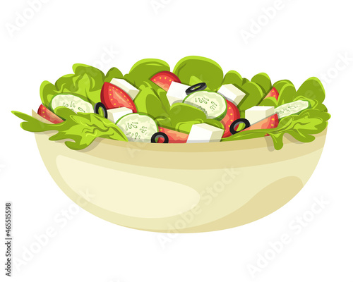 Salad with cucumbers, tomatoes, feta cheese, lettuce leaves, fresh herbs. Realistic vector illustration of food, proper nutrition, vegetable salad in a plate