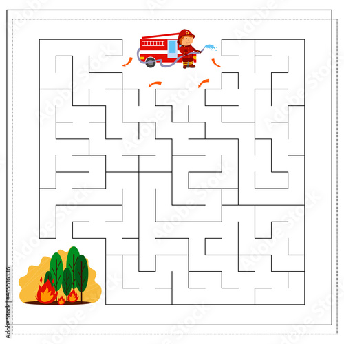 A logical game for children, go through the maze, a firefighter extinguishes a fire. vector