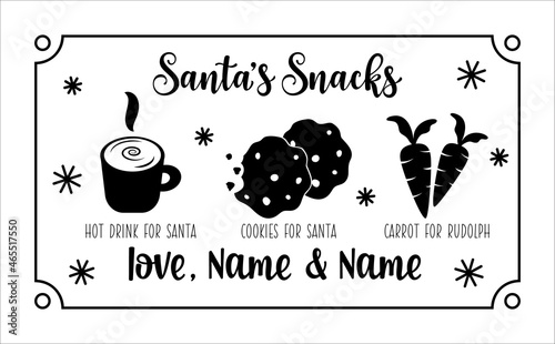 Santa s and reindeer snacks plate design with place for milk, cookies, carrot for raindeer.