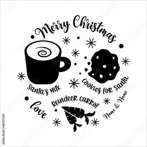 Merry Christmas Santa plate design with place for milk, cookies, carrot for raindeer