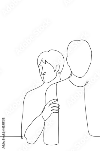 man hiding behind a taller man holding his shoulders - one line drawing vector. the concept of hiding behind someone's back, being shy in the company of strangers