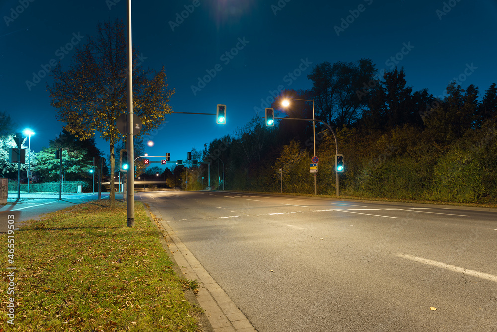 Straße bei Nacht mit Ampel