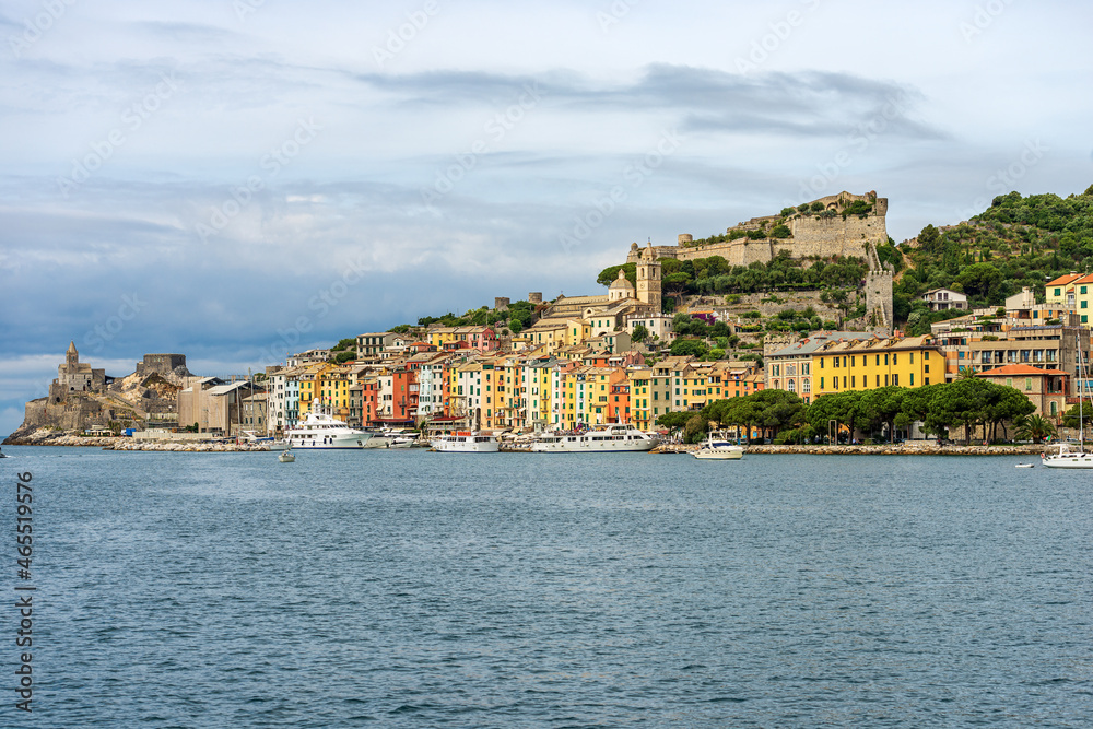 Fototapeta premium Cityscape of Porto Venere or Portovenere seen from the Mediterranean sea (Ligurian sea), Gulf of La Spezia, UNESCO world heritage site, La Spezia, Liguria, Italy, southern Europe.