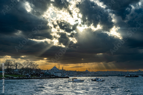 Istanbul, Turkey - April 14, 2021: View of the Golden Horn and Galata Bridge from the Bosphorus.