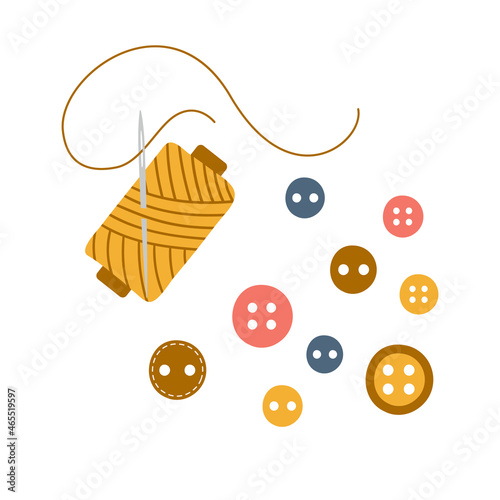 A spool of thread with a thread stuck in a needle and scattered buttons isolated on white background. Modern  vector flat illustration photo