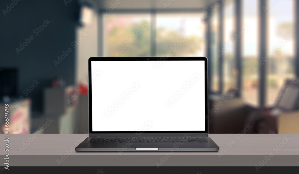 Laptop or notebook with blank screen on service counter in blurry background with parcel delivery office express, EMS. Laptop or notebook with blank screen on service counter in blurry background with parcel delivery office express, EMS.