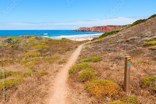 famous hiking coast path along Rota Vicentina, Algarve landscape Portugal, near Amado Beach photo