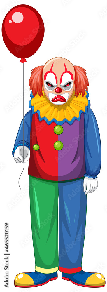 Fototapeta premium Creepy clown holding balloon on white background