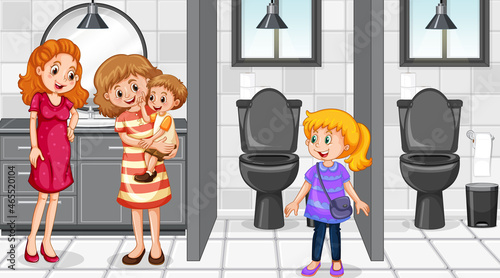 People in public toilet with cubicles scene