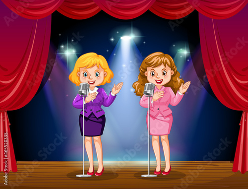 Female speakers with microphone on stage