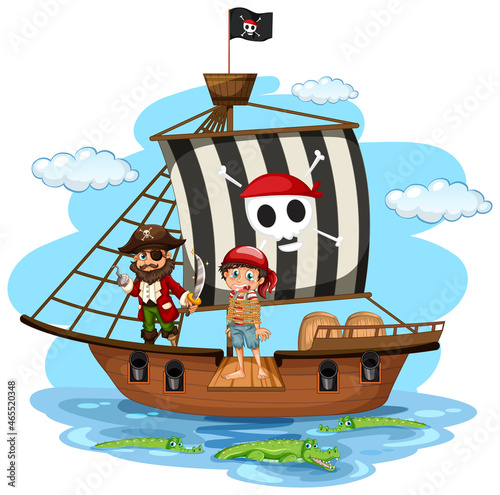 Pirate concept with a boy cartoon character walking the plank on the ship isolated