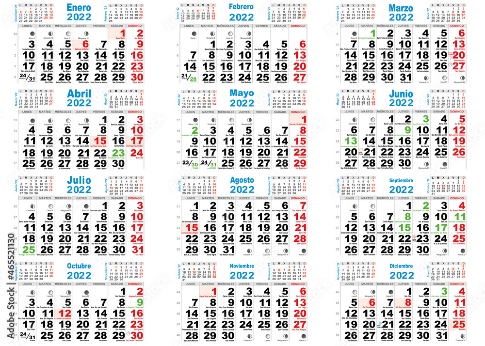 calendario 2022 santoral y lunas España Stock Vector | Adobe Stock