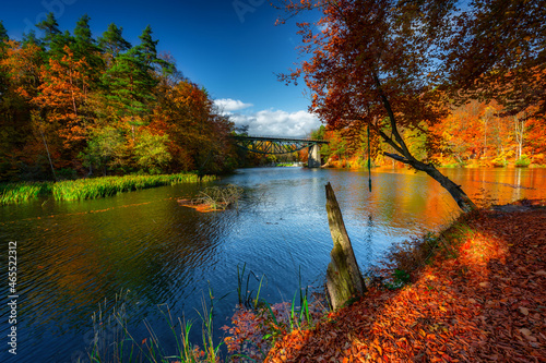 Autumnal scenery and the railway bridge in Rutki  Kashubia. Poland