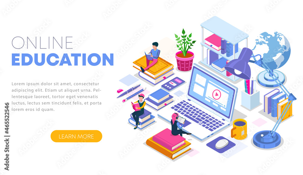 Modern flat design isometric concept of Online Education. Landing page template illustration. Training courses, specialization, tutorials, lectures. Can use for web banner, infographics, and website.
