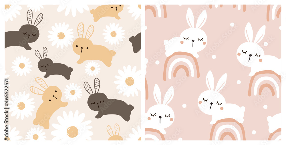 Seamless patterns with cute rabbit cartoon, daisy flower and rainbow on cream and yellow backgrounds vector illustration.