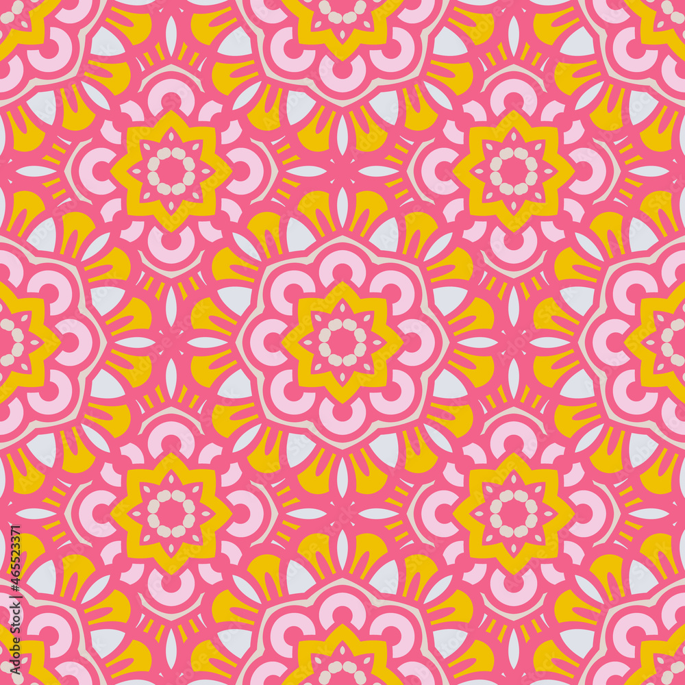 Vector seamless background. Endless colorful texture. Use for wallpaper, textile, book cover, clothes. In pink and yellow colors