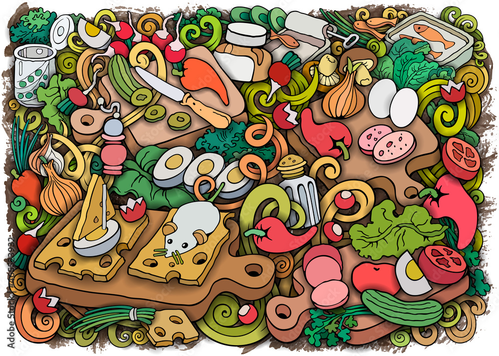 Food and Dishes colorful cooking illustration.