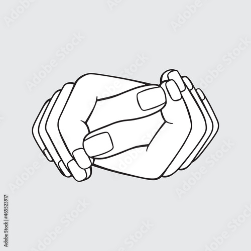 Outlined illustration of two hands in a clasp. Symbolism for hand-holding, friendship, relationship, agreement, solidarity, love, happiness, unity, and peace. Ready to use design template.