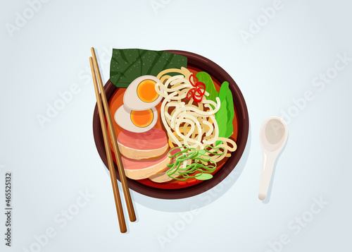 Miso ramen with noodles, pork, egg and vegetables. Served with chopsticks and spoon. View from above. Vector illustration 