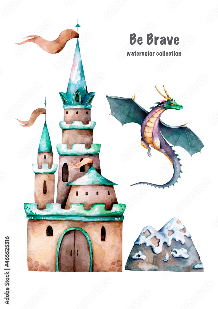 Cartoon Fairy tale castle and flying Dragons. Hand drawn watercolor ...