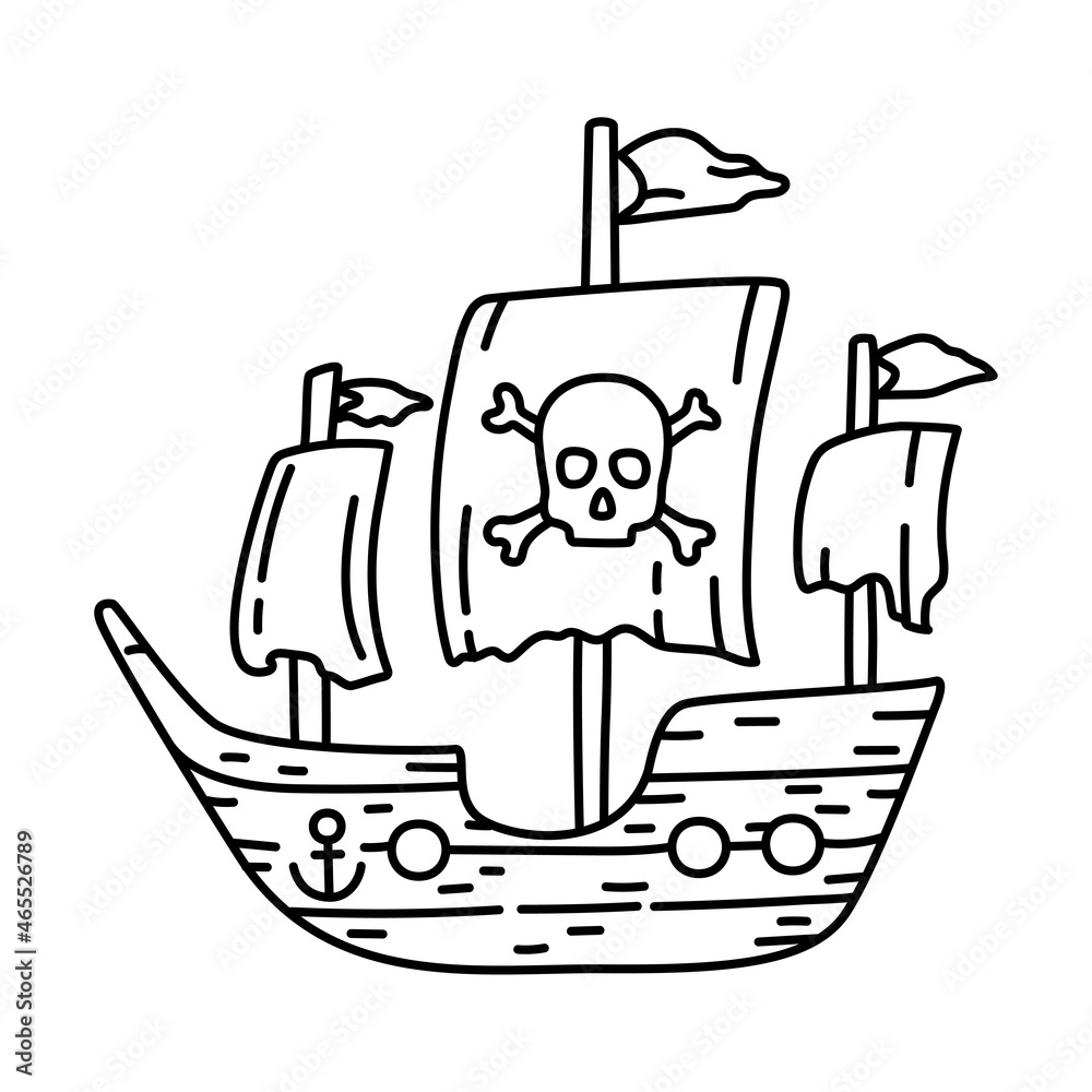 Pirate ship sketch. Doodle hand drawn illustration. Vector line icon