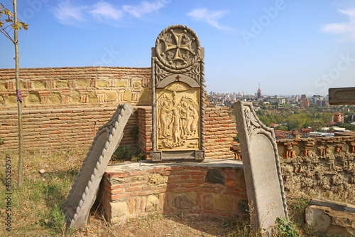 Impressive Stone Bas-relief of the Cross and Saint near St. Nicholas Church in Narikala Fortress, Old Tbilisi, Georgia