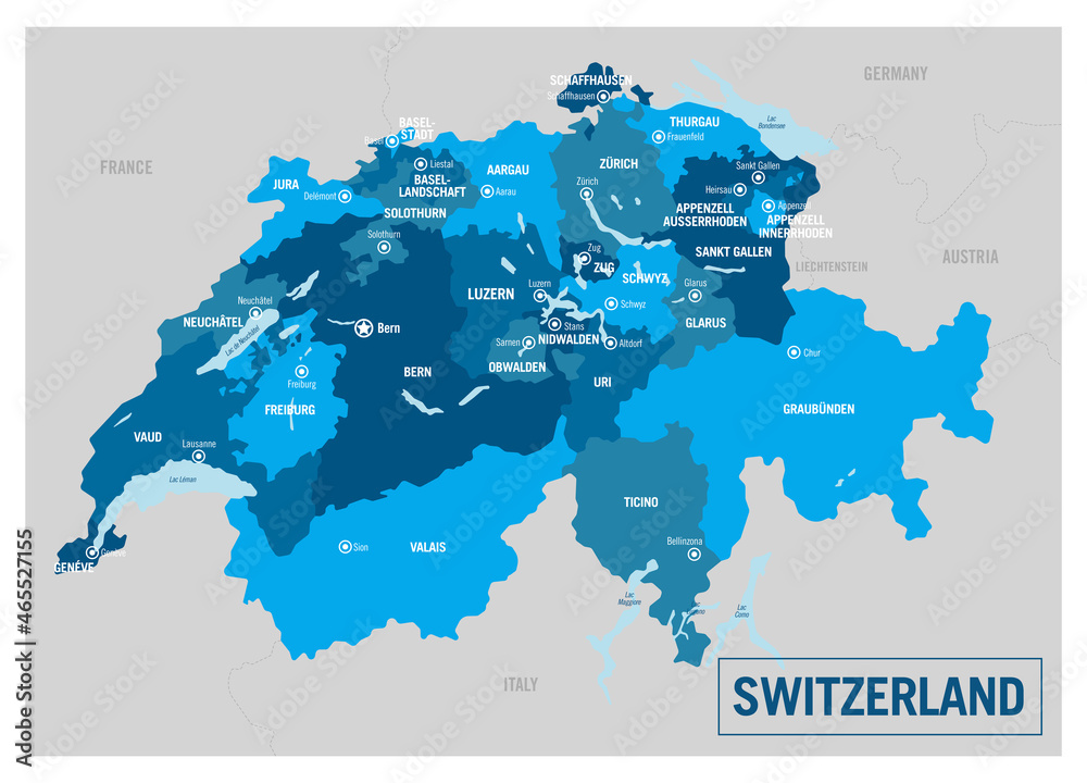 Naklejka premium Switzerland country political map. Detailed vector illustration with isolated states, regions and cities easy to ungroup. 
