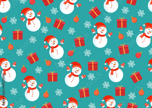 Christmas texture with snowmen, gifts, toys and snowflakes. Vector illustration of Merry Christmas and Happy New Year. Seamless pattern. Winter holiday.