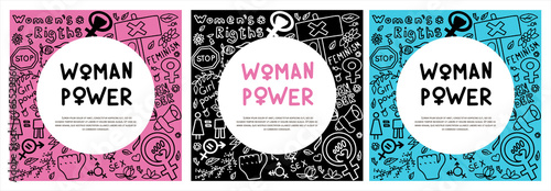 A set of doodle signs of feminism, women s rights. Grunge hand drawn vector icons of Feminism protest symbol isolated on transparency background. A rally to fight for voting rights